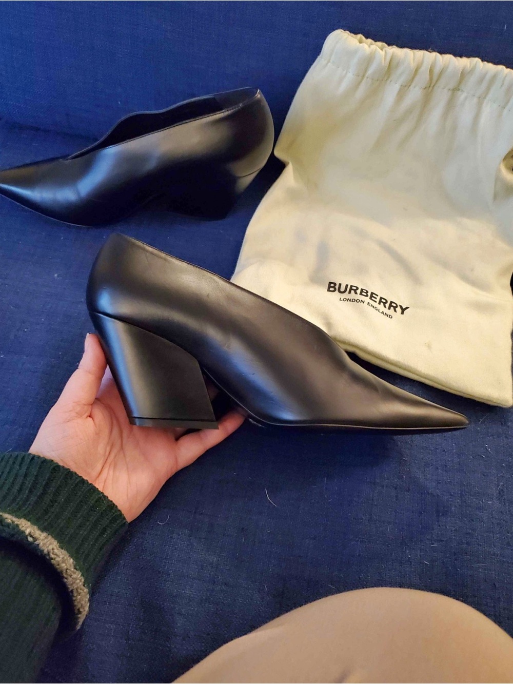 Burberry Black Pointed Leather Block Heel Pumps